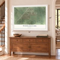 Woodland Park, Nebraska map, 24 x 36 inch print in a white frame above a dresser by a staircase