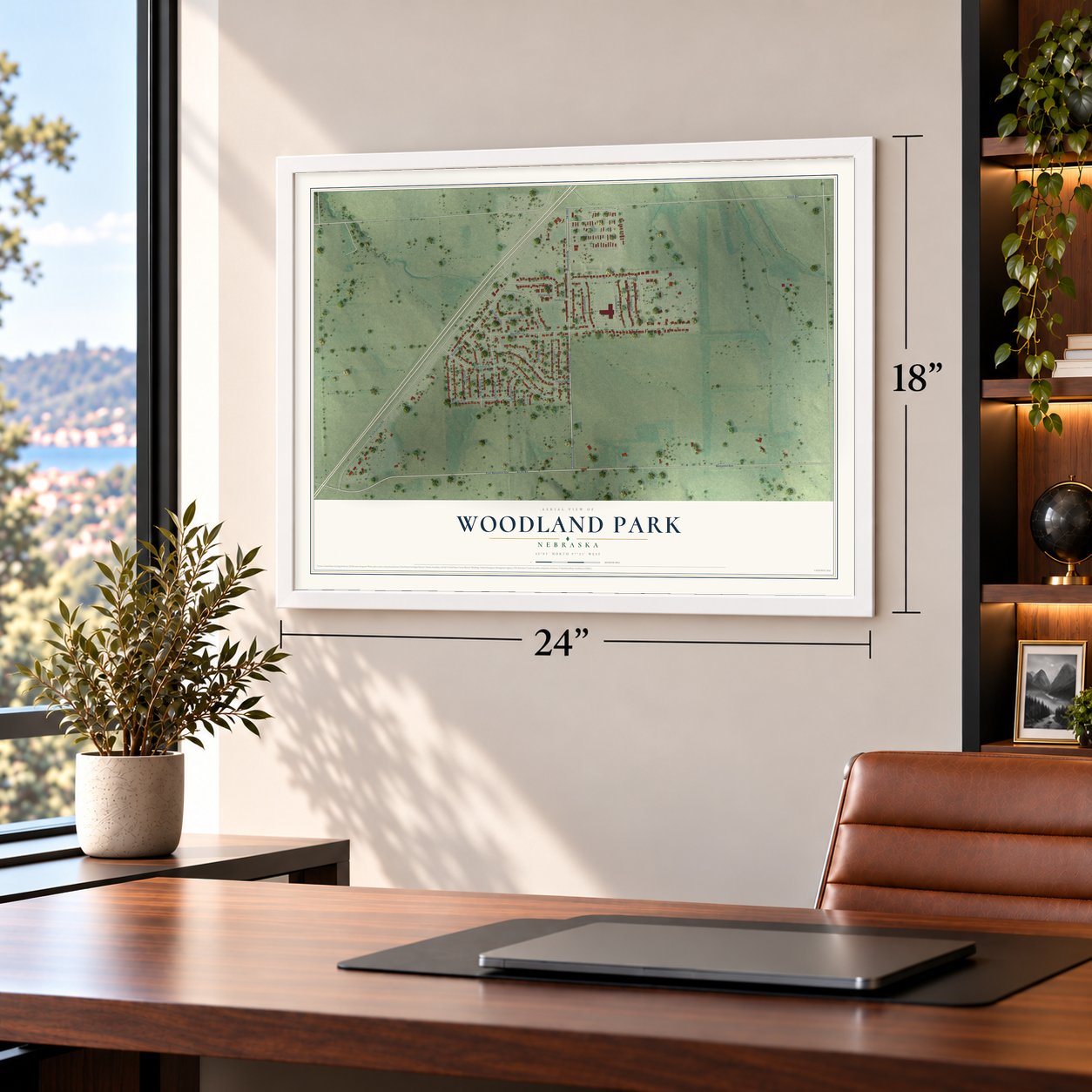 Woodland Park, Nebraska map, 18 x 24 inch print in a white frame in a home office