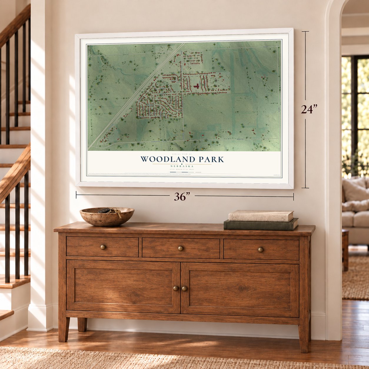 Woodland Park, Nebraska map, 24 x 36 inch print in a white frame above a dresser by a staircase