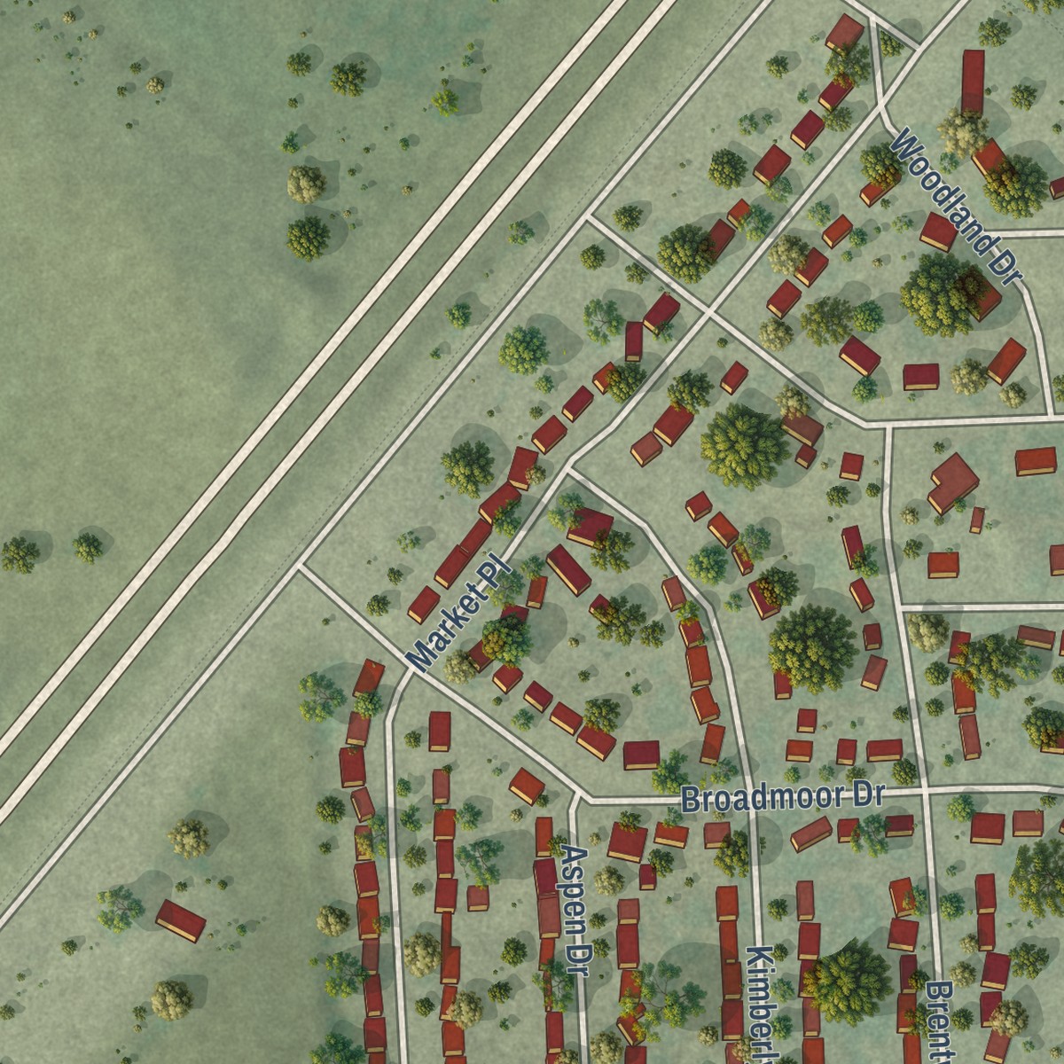 Second close-up of the map of Woodland Park, Nebraska print showing more streets and buildings