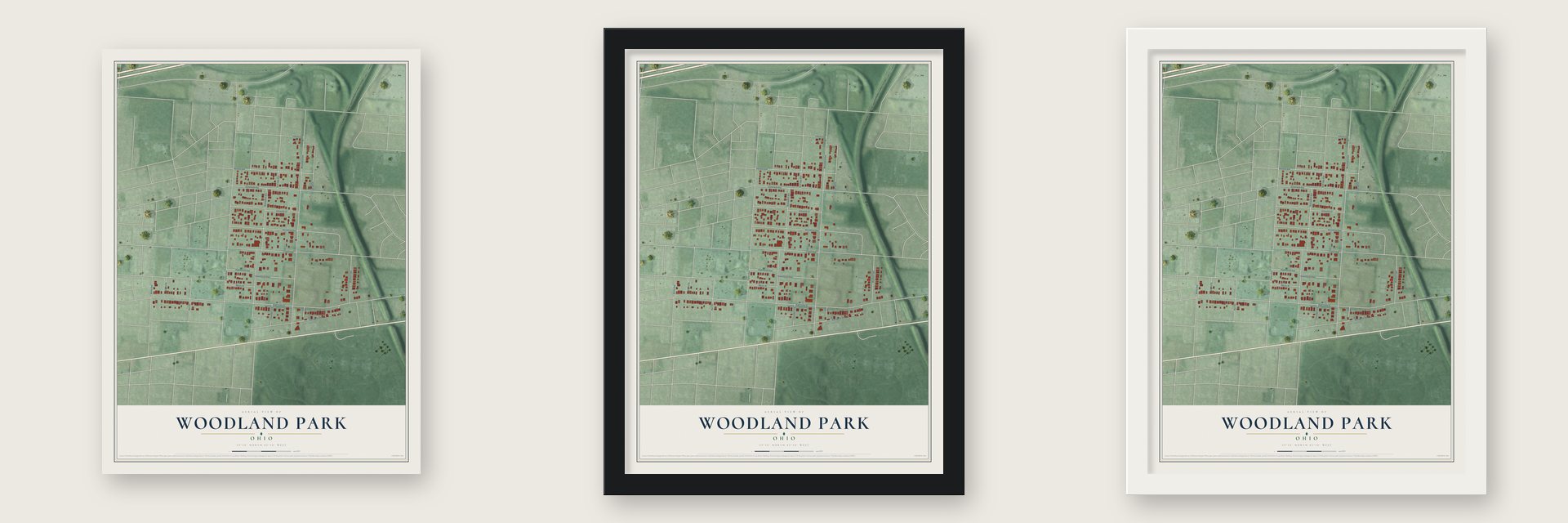 Woodland Park, Ohio map unframed, in a black wood frame and in a white wood frame