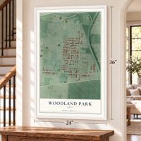 Woodland Park, Ohio map, 24 x 36 inch print in a white frame by a staircase