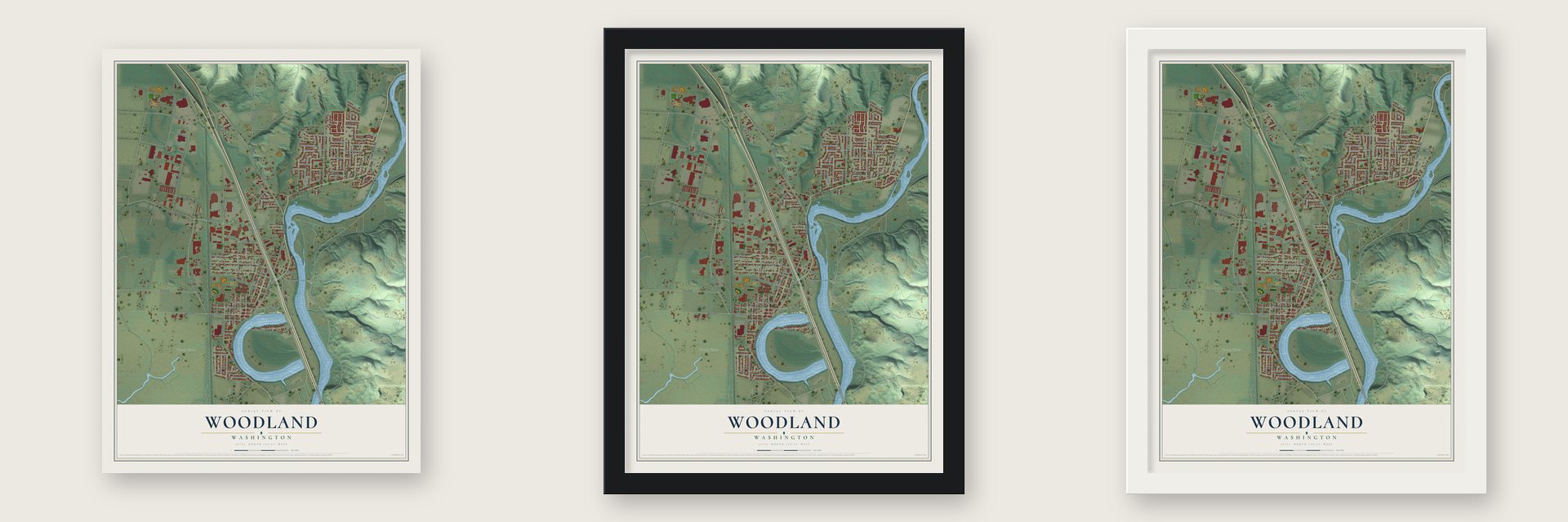 Woodland, Washington map unframed, in a black wood frame and in a white wood frame