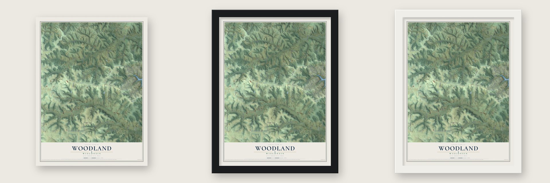 Woodland, Wisconsin map unframed, in a black wood frame and in a white wood frame