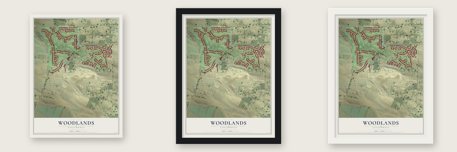 Woodlands, California map unframed, in a black wood frame and in a white wood frame