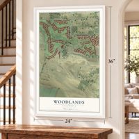 Woodlands, California map, 24 x 36 inch print in a white frame by a staircase