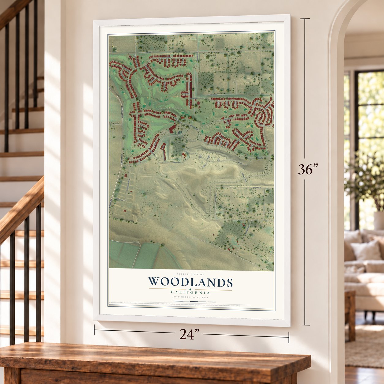 Woodlands, California map, 24 x 36 inch print in a white frame by a staircase