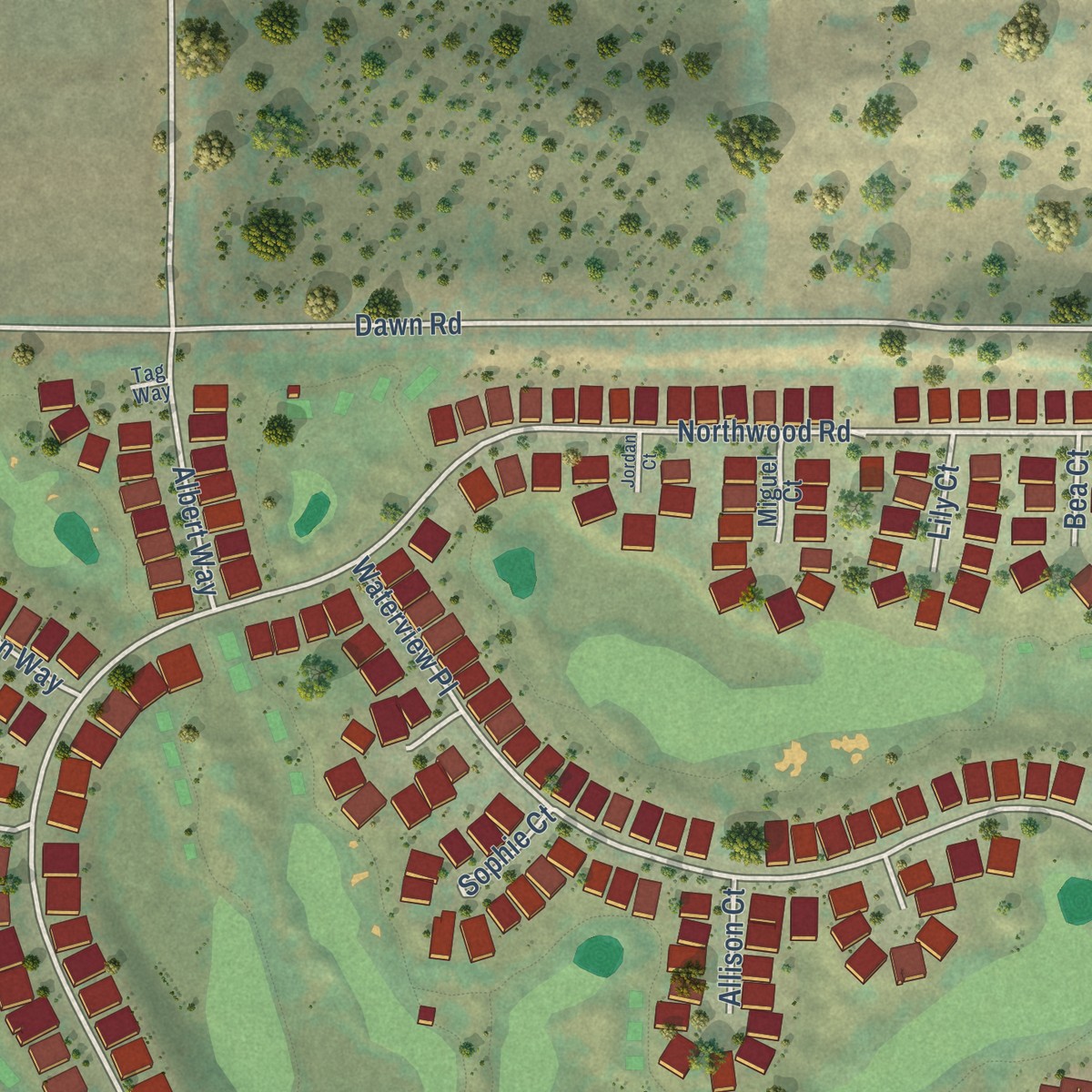 Second close-up of the map of Woodlands, California print showing more streets and buildings