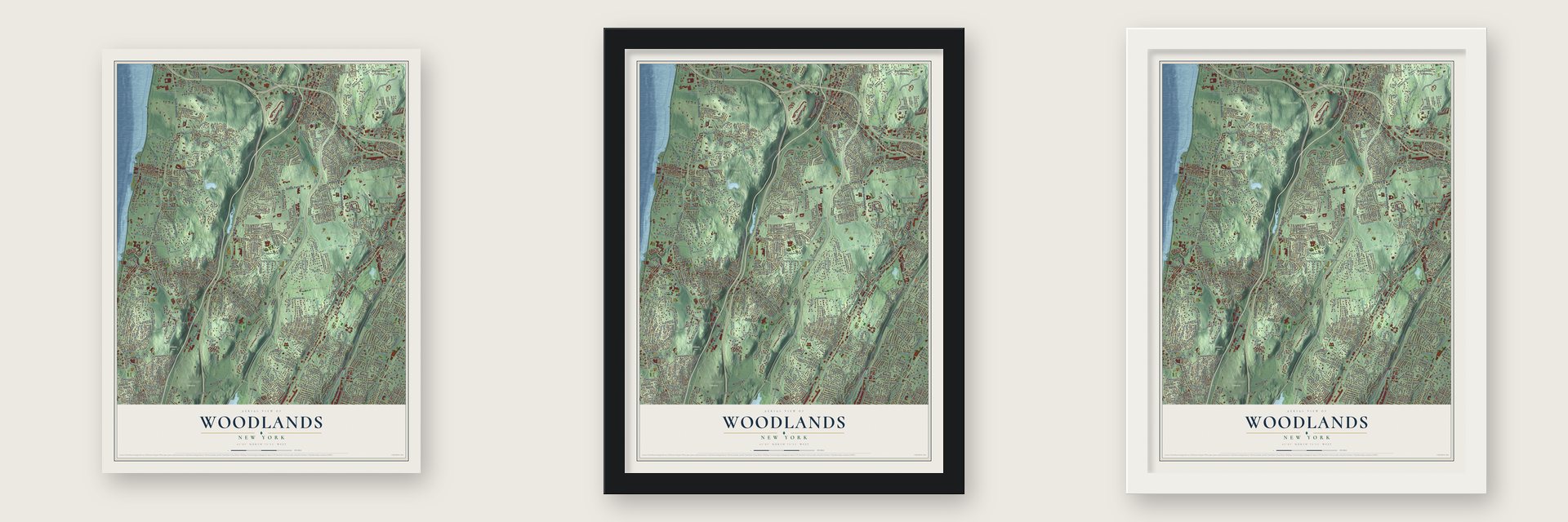 Woodlands, New York map unframed, in a black wood frame and in a white wood frame