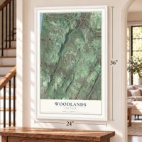 Woodlands, New York map, 24 x 36 inch print in a white frame by a staircase