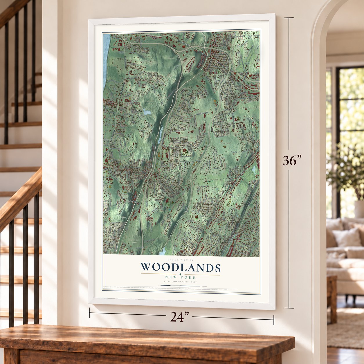 Woodlands, New York map, 24 x 36 inch print in a white frame by a staircase