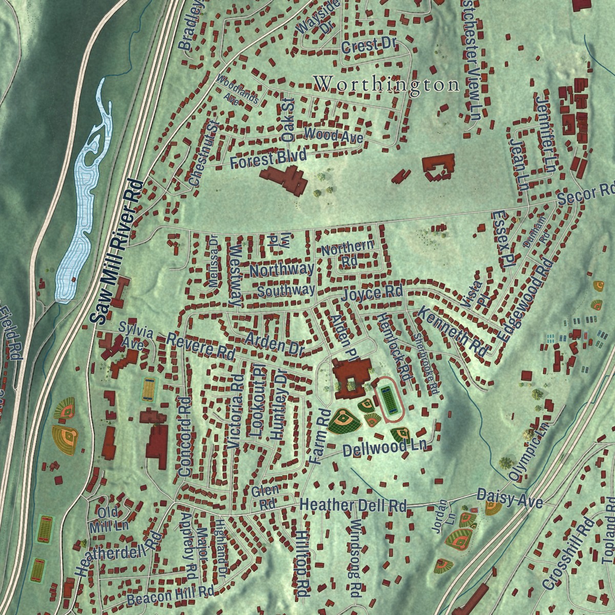 Second close-up of the map of Woodlands, New York print showing more streets and buildings