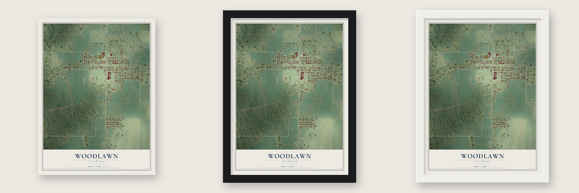 Woodlawn, Illinois map unframed, in a black wood frame and in a white wood frame