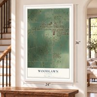 Woodlawn, Illinois map, 24 x 36 inch print in a white frame by a staircase