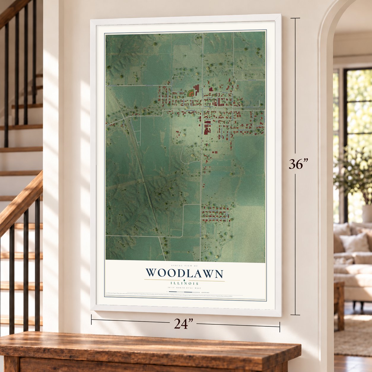 Woodlawn, Illinois map, 24 x 36 inch print in a white frame by a staircase