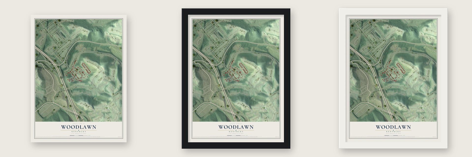 Woodlawn, Kentucky map unframed, in a black wood frame and in a white wood frame
