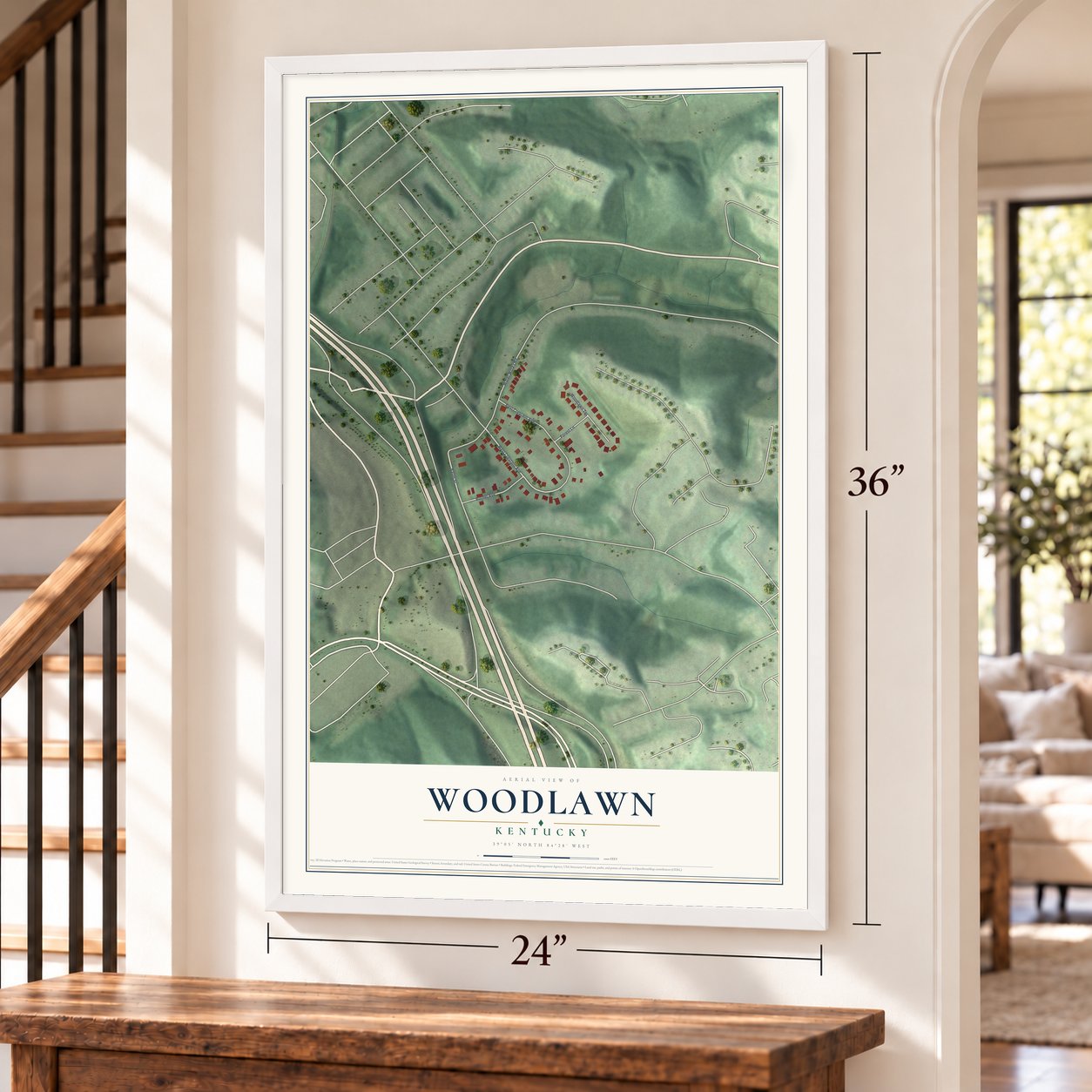 Woodlawn, Kentucky map, 24 x 36 inch print in a white frame by a staircase