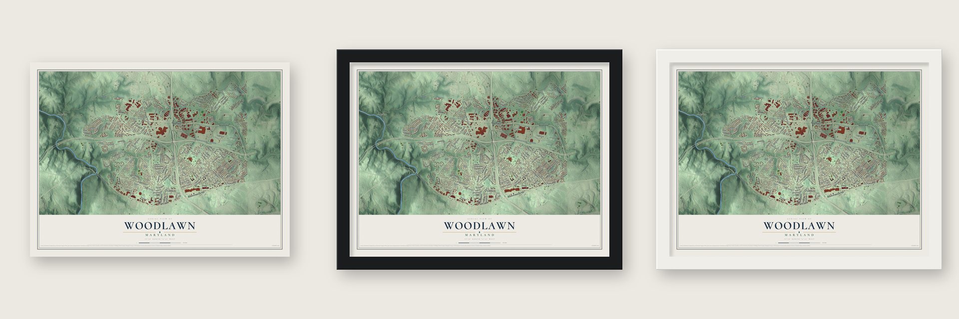 Woodlawn, Maryland map unframed, in a black wood frame and in a white wood frame