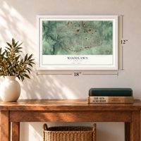 Woodlawn, Maryland map, 12 x 18 inch print in a white frame in an entryway