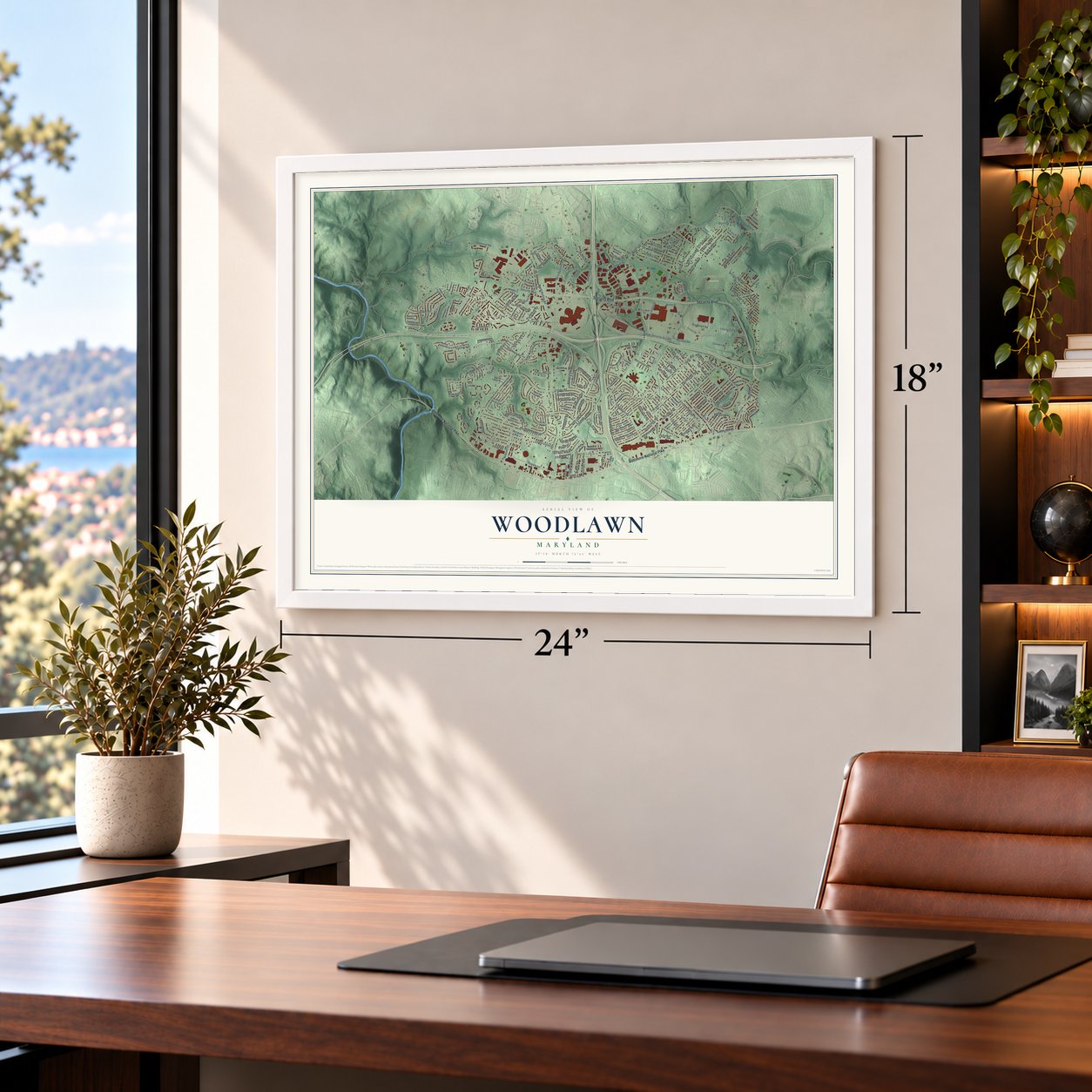 Woodlawn, Maryland map, 18 x 24 inch print in a white frame in a home office