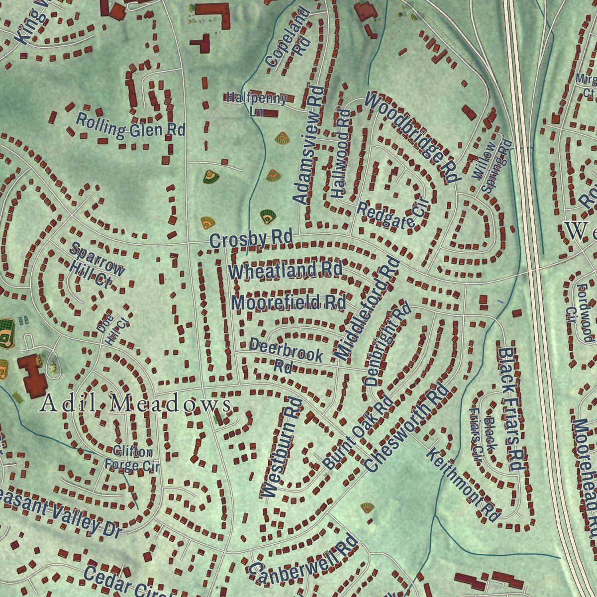 Second close-up of the map of Woodlawn, Maryland print showing more streets and buildings
