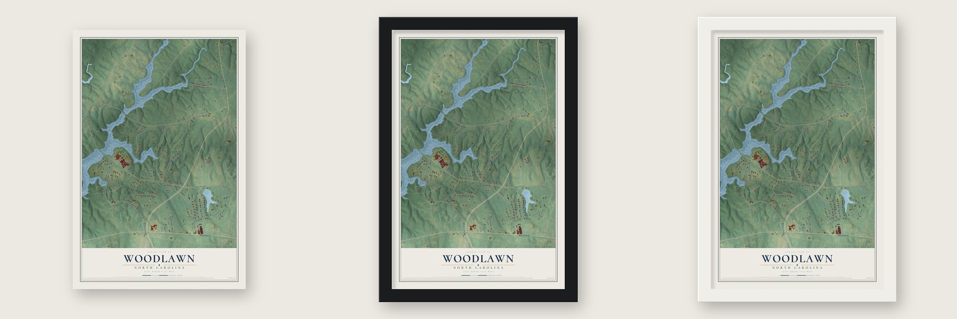 Woodlawn, North Carolina map unframed, in a black wood frame and in a white wood frame