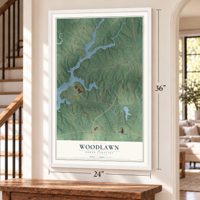 Woodlawn, North Carolina map, 24 x 36 inch print in a white frame by a staircase