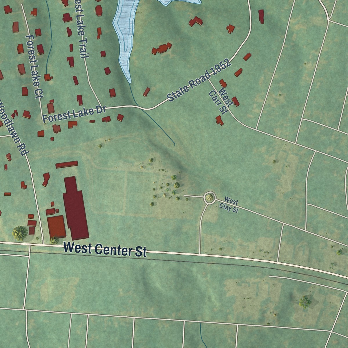 Second close-up of the map of Woodlawn, North Carolina print showing more streets and buildings