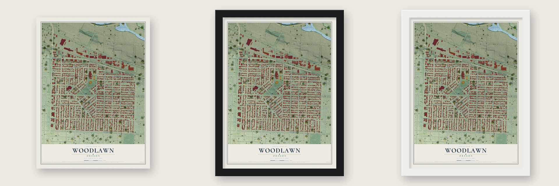 Woodlawn, Oregon map unframed, in a black wood frame and in a white wood frame