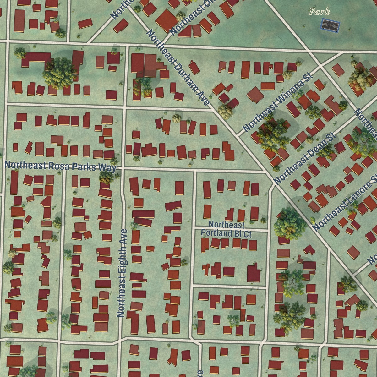 Second close-up of the map of Woodlawn, Oregon print showing more streets and buildings