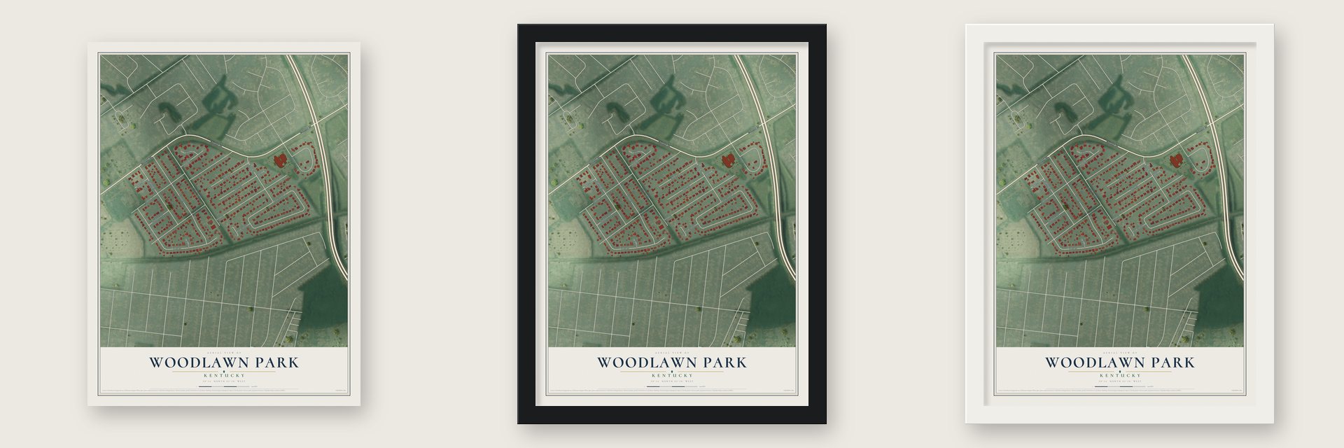 Woodlawn Park, Kentucky map unframed, in a black wood frame and in a white wood frame