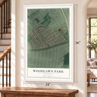 Woodlawn Park, Kentucky map, 24 x 36 inch print in a white frame by a staircase