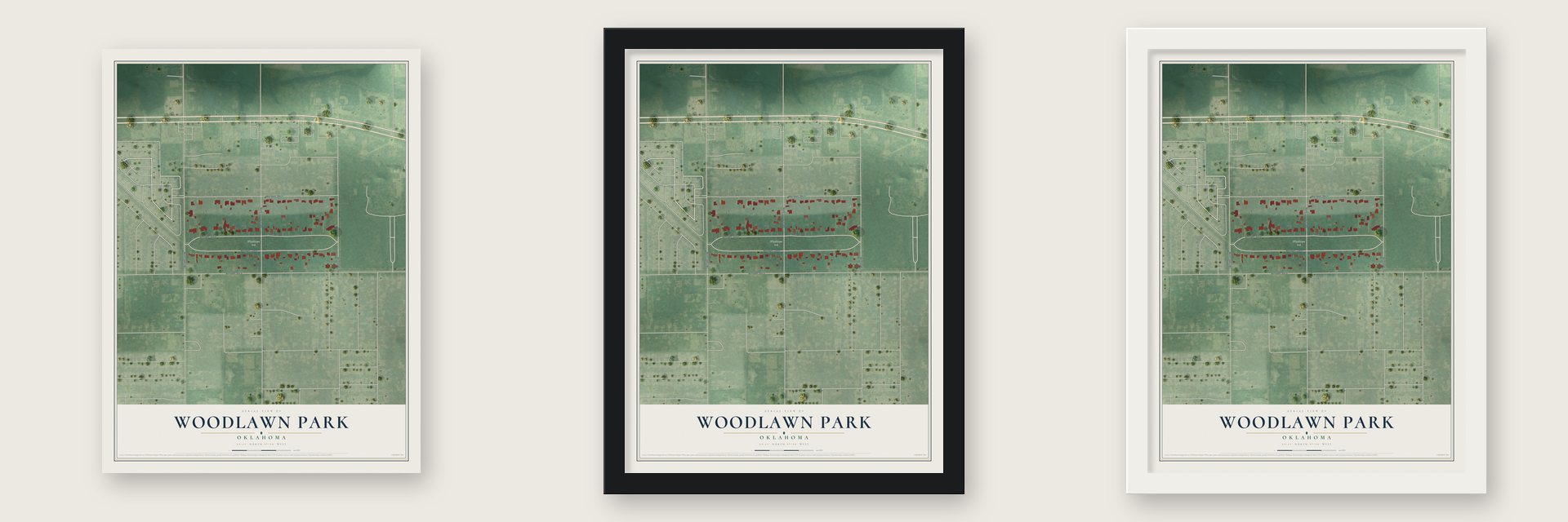 Woodlawn Park, Oklahoma map unframed, in a black wood frame and in a white wood frame