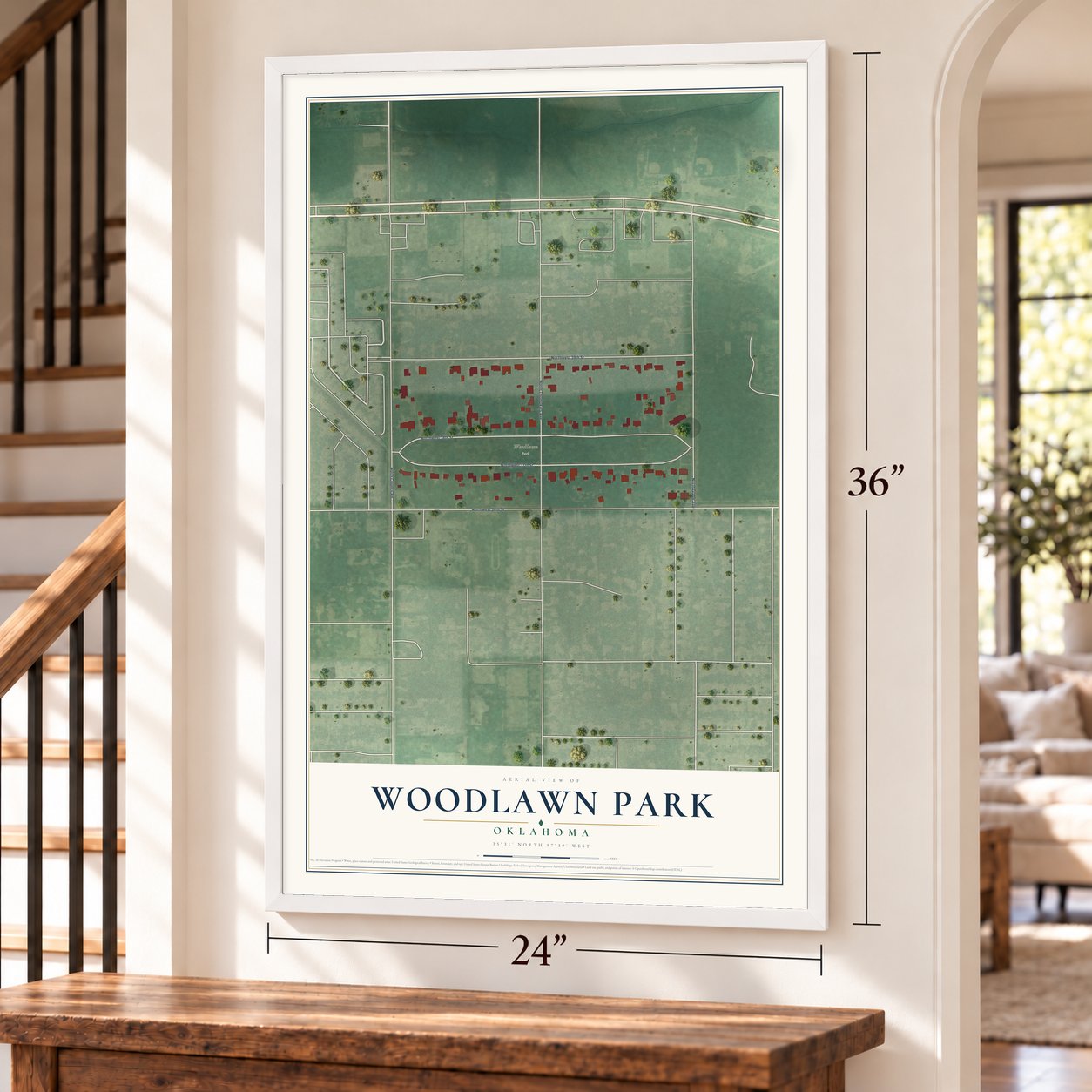 Woodlawn Park, Oklahoma map, 24 x 36 inch print in a white frame by a staircase