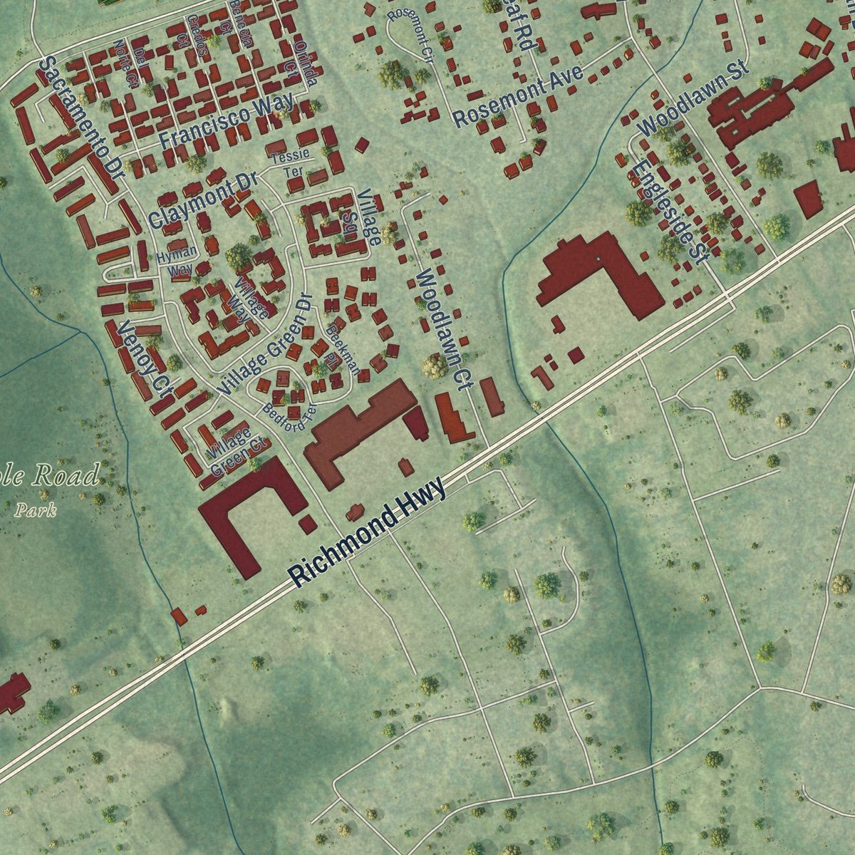 Second close-up of the map of Woodlawn, Virginia print showing more streets and buildings
