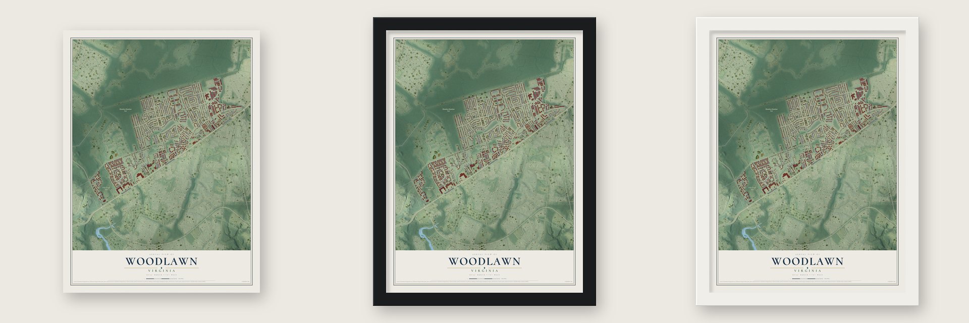 Woodlawn, Virginia map unframed, in a black wood frame and in a white wood frame