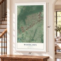Woodlawn, Virginia map, 24 x 36 inch print in a white frame by a staircase