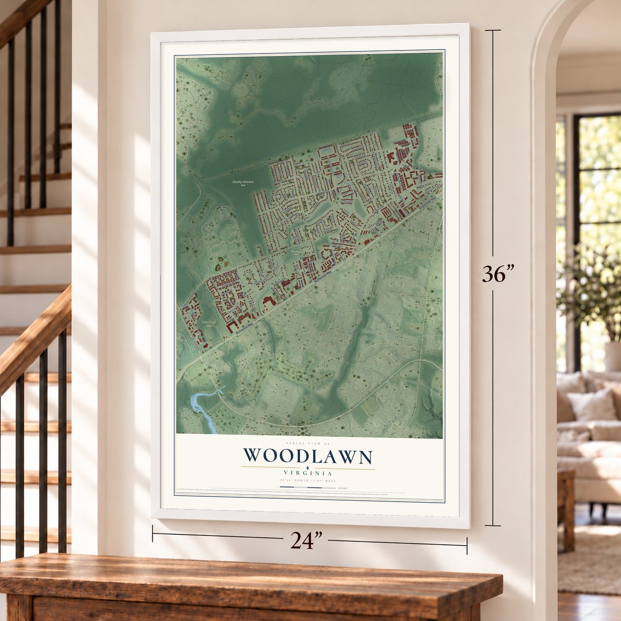 Woodlawn, Virginia map, 24 x 36 inch print in a white frame by a staircase