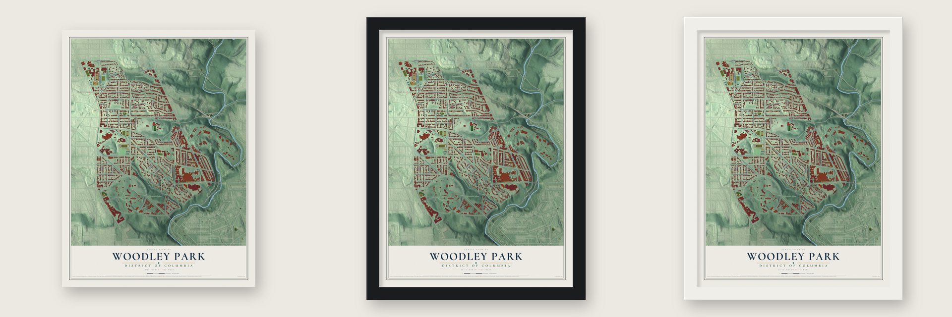 Woodley Park, District of Columbia map unframed, in a black wood frame and in a white wood frame