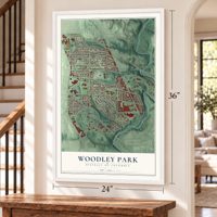 Woodley Park, District of Columbia map, 24 x 36 inch print in a white frame by a staircase