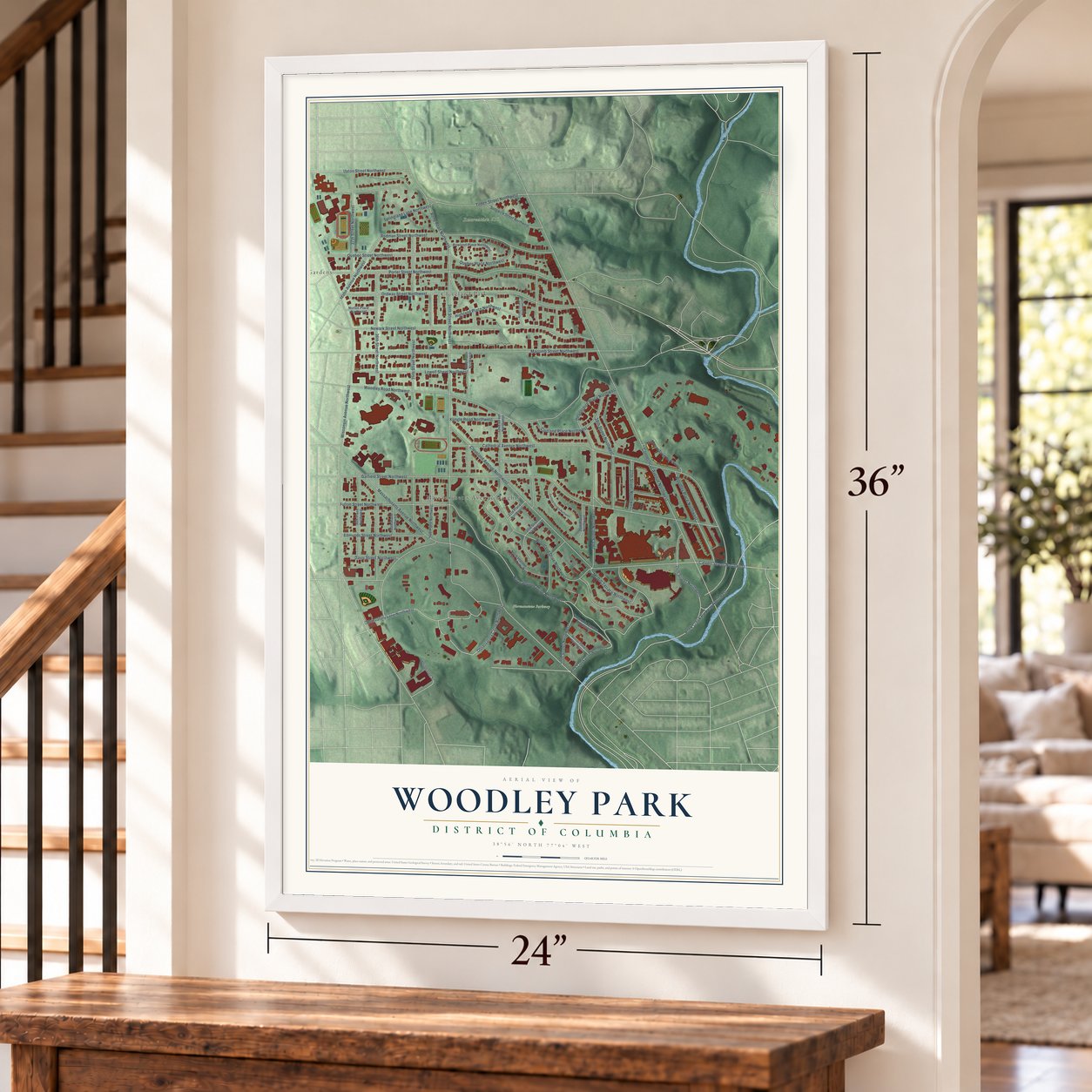 Woodley Park, District of Columbia map, 24 x 36 inch print in a white frame by a staircase