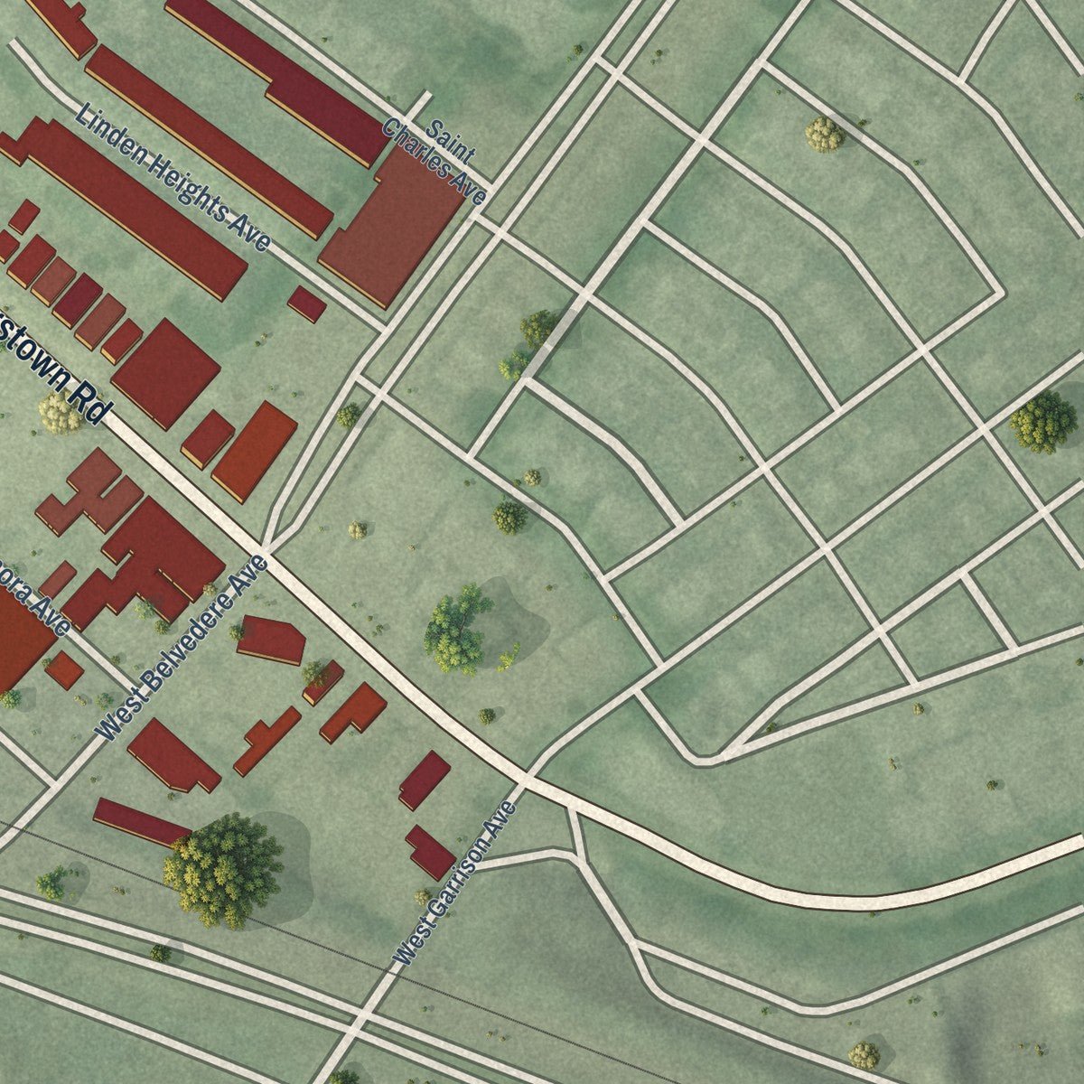 Second close-up of the map of Woodmere, Maryland print showing more streets and buildings