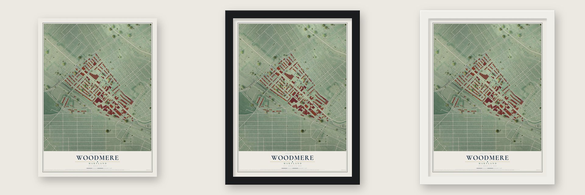 Woodmere, Maryland map unframed, in a black wood frame and in a white wood frame