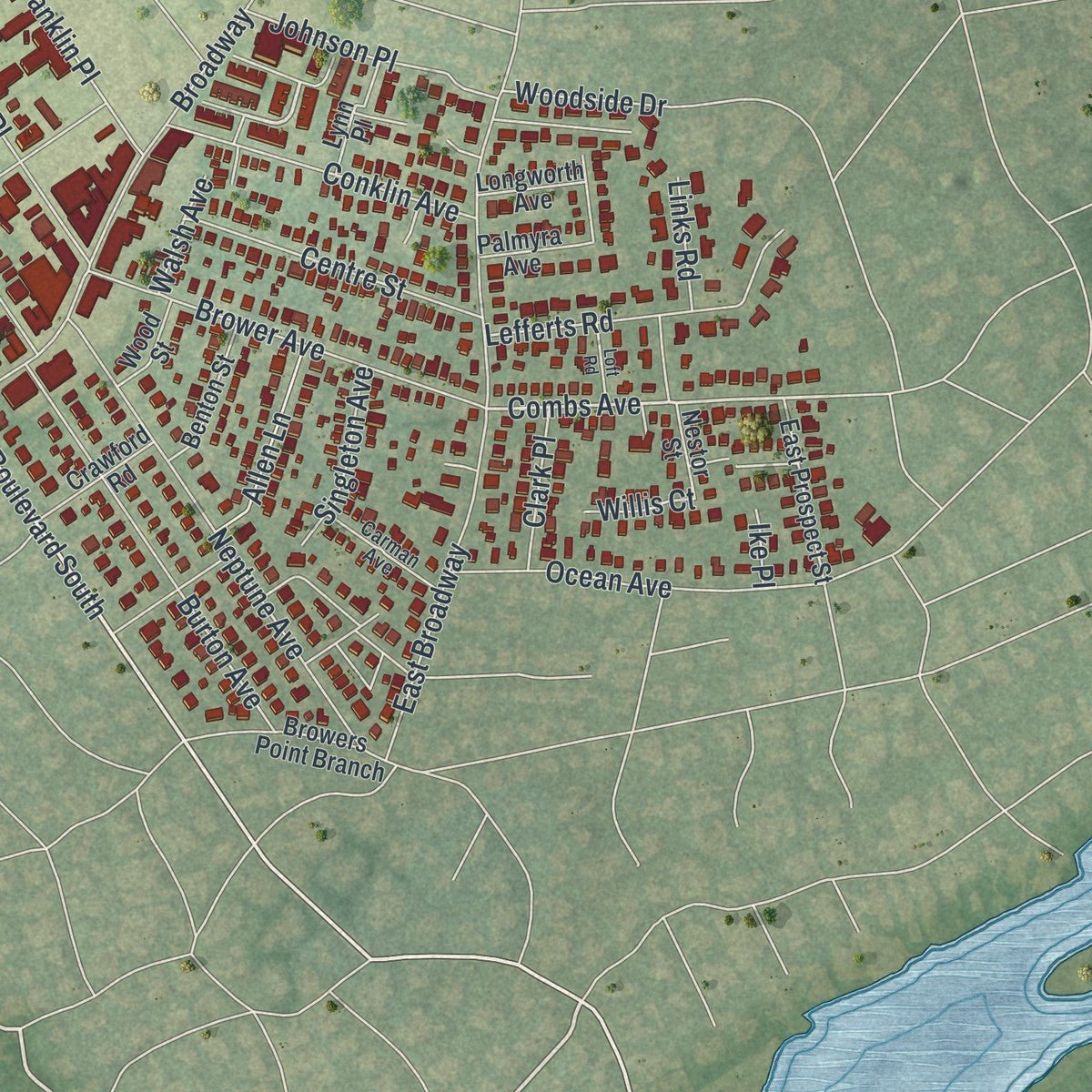 Second close-up of the map of Woodmere, New York print showing more streets and buildings