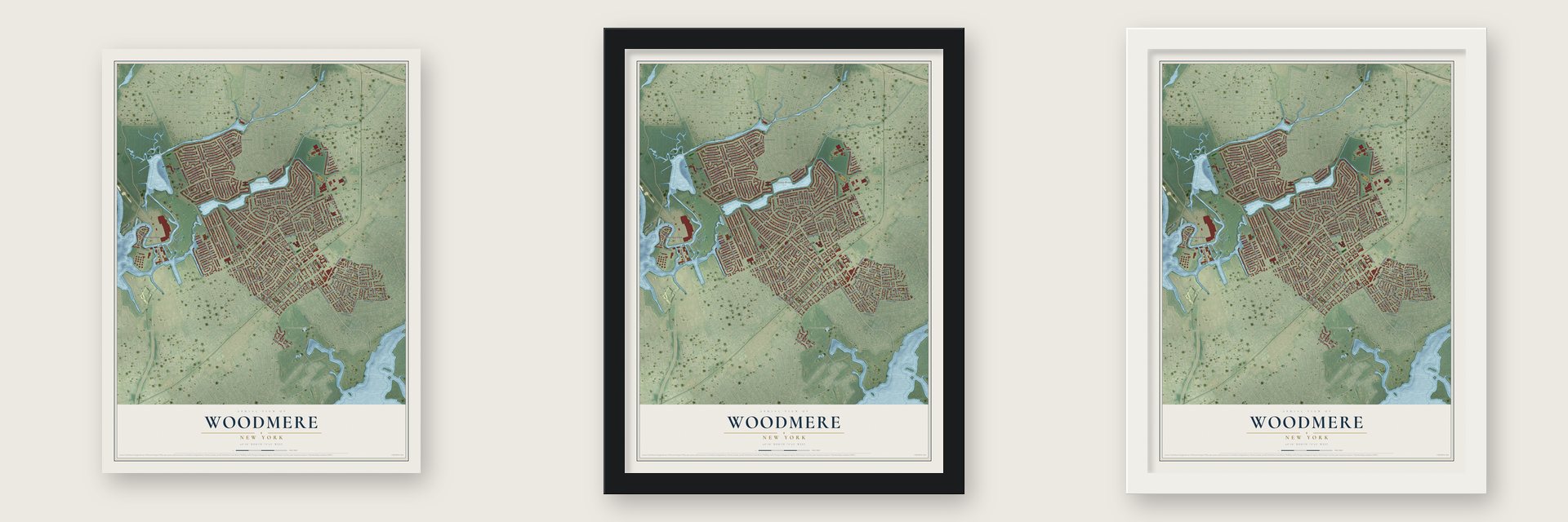 Woodmere, New York map unframed, in a black wood frame and in a white wood frame