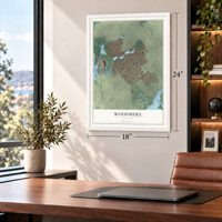 Woodmere, New York map, 18 x 24 inch print in a white frame in a home office