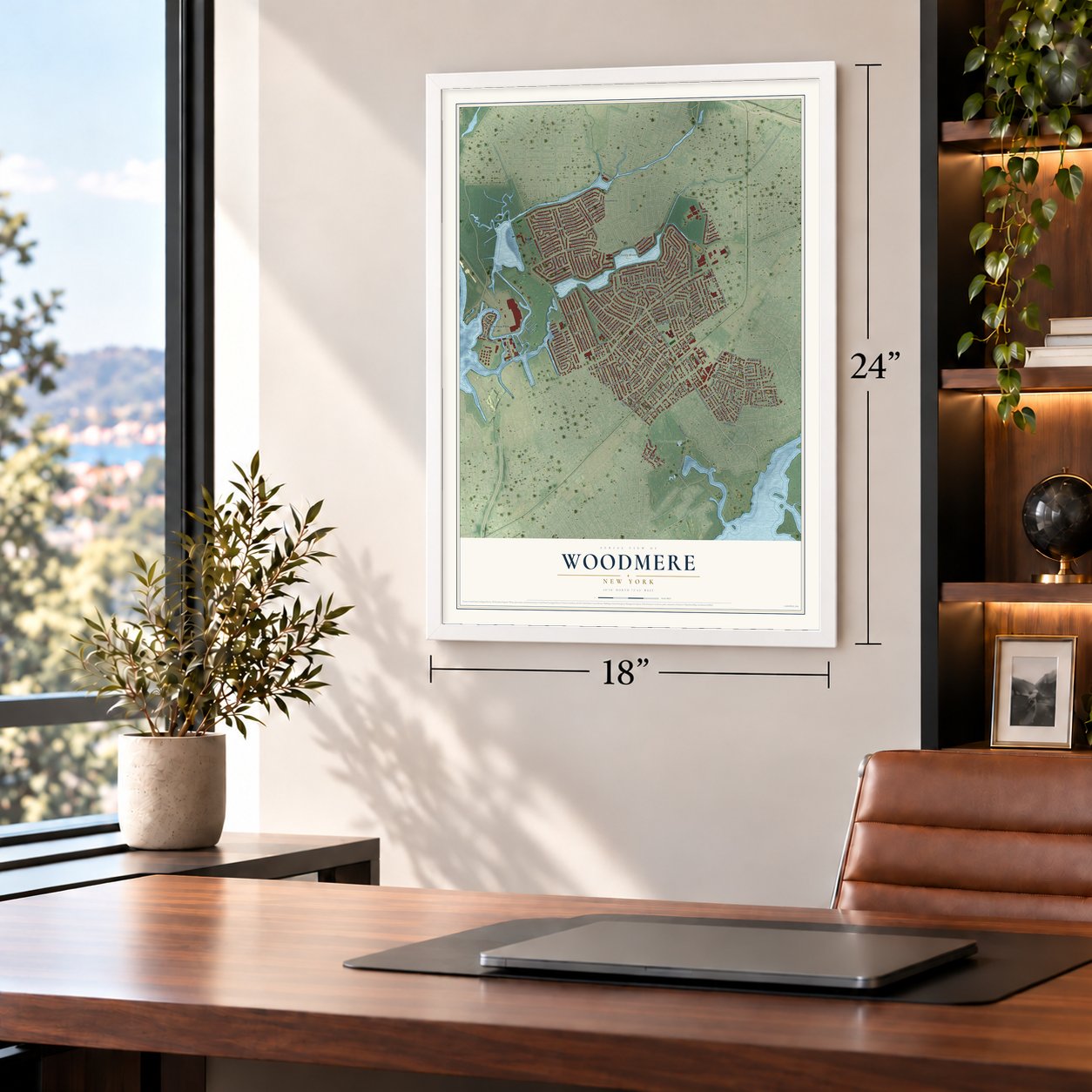 Woodmere, New York map, 18 x 24 inch print in a white frame in a home office