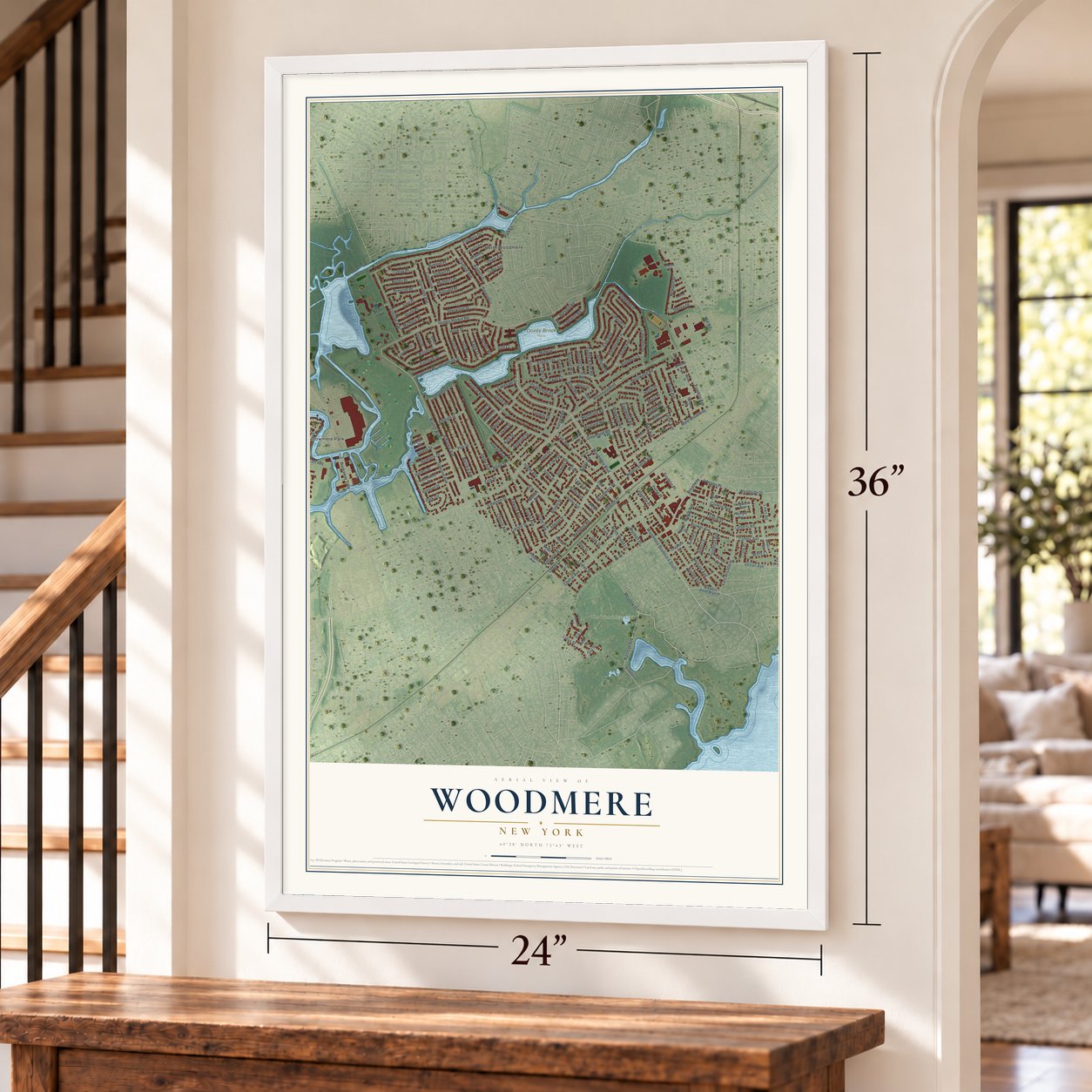 Woodmere, New York map, 24 x 36 inch print in a white frame by a staircase