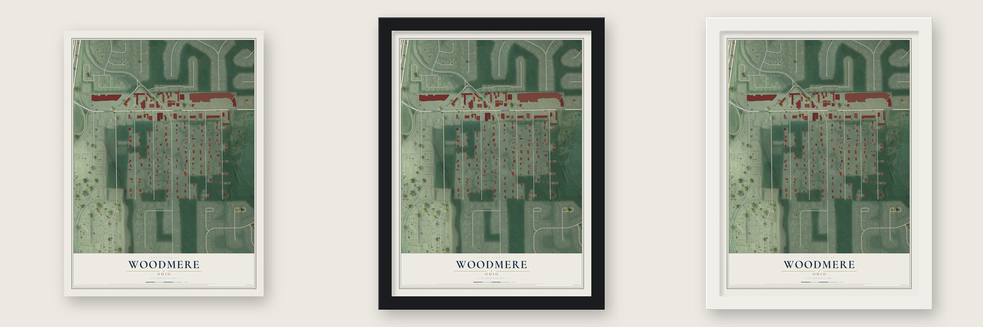 Woodmere, Ohio map unframed, in a black wood frame and in a white wood frame