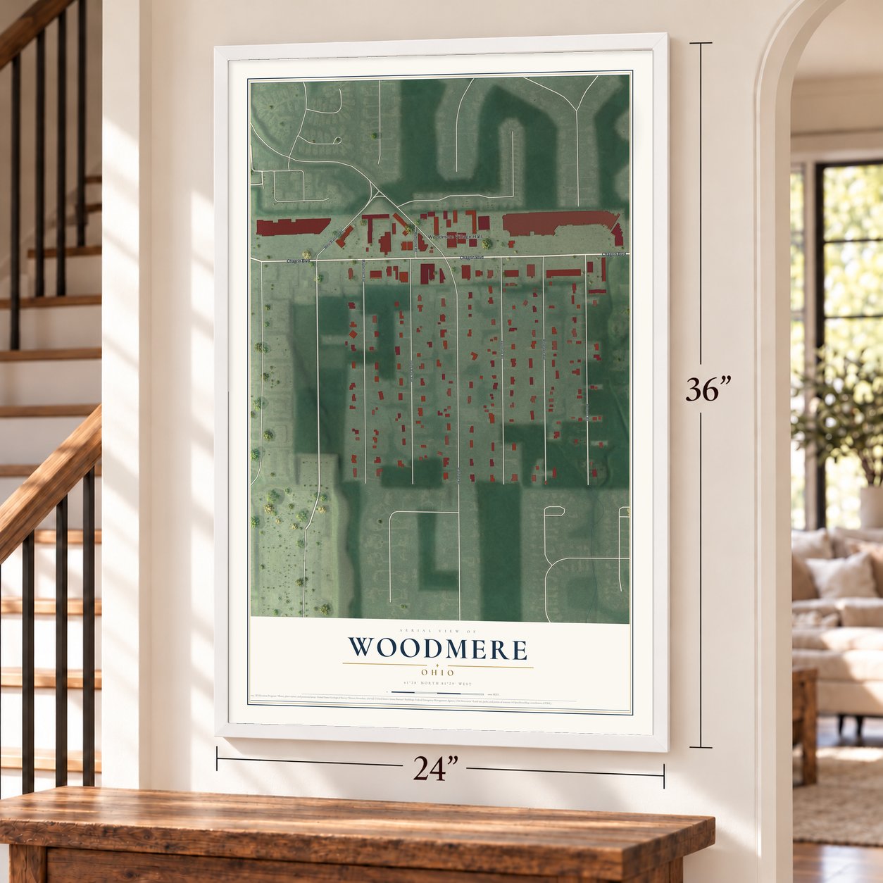 Woodmere, Ohio map, 24 x 36 inch print in a white frame by a staircase